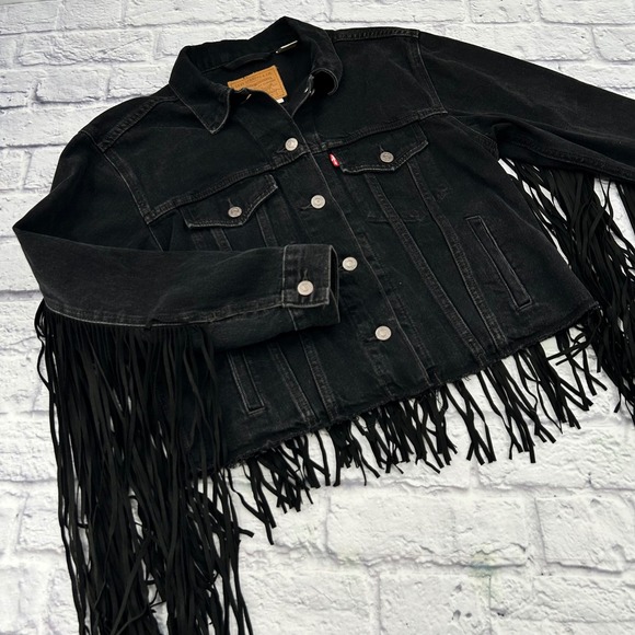Levis Womens Ex-Boyfriend Trucker Jacket Black Denim Fringe Western Size S - Picture 2 of 13
